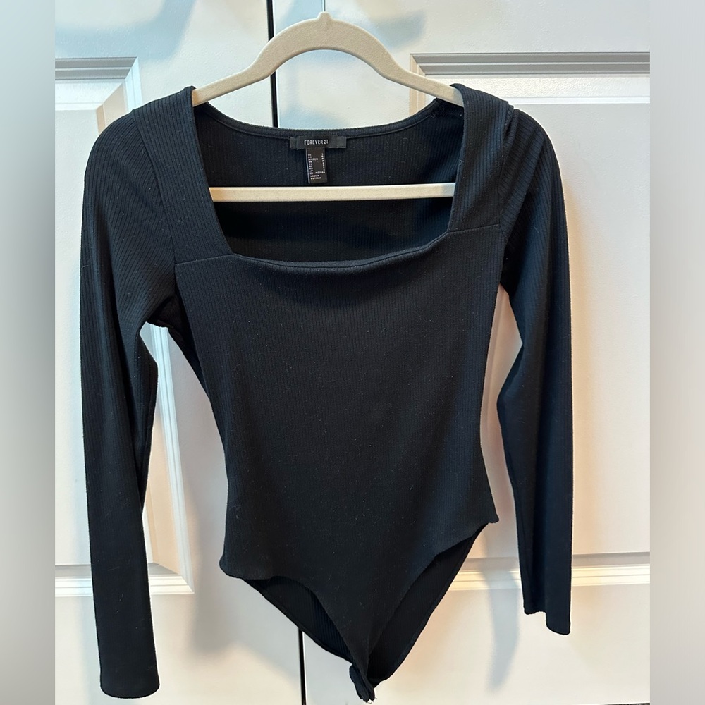 Square neck black long sleeve bodysuit.